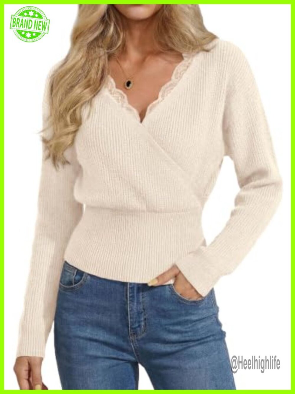 Lace Trim V Neck Wrap Sweater Cropped Long Sleeve Ribbed Knit Fitted Fall